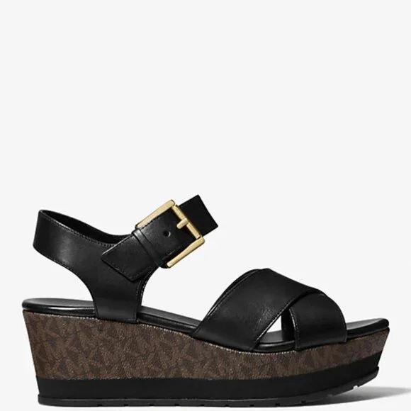 Michael Kors Neva Leather and Logo Wedge Sandal Black, Size 7.5 - Picture 2 of 3